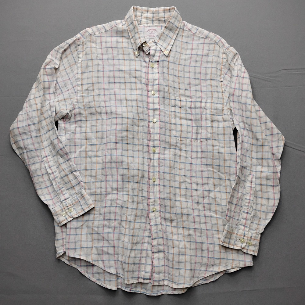 Brooks Brothers 346 Mens Medium 100% Linen Plaid Button Down Shirt Multi-Color